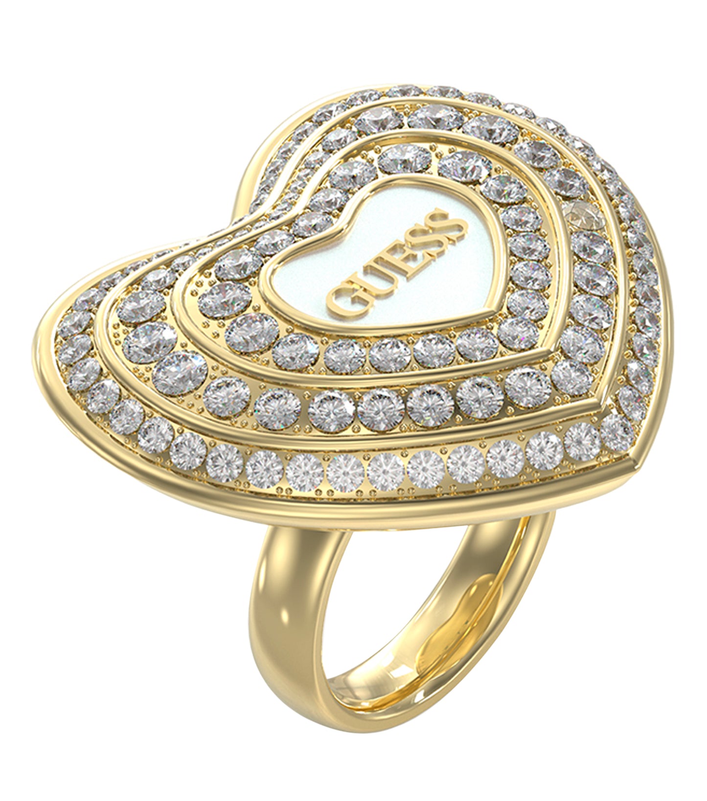 Elegant gold ring by Guess Jewellery, side angle view, showcasing sleek design and exquisite craftsmanship in a warm glow.