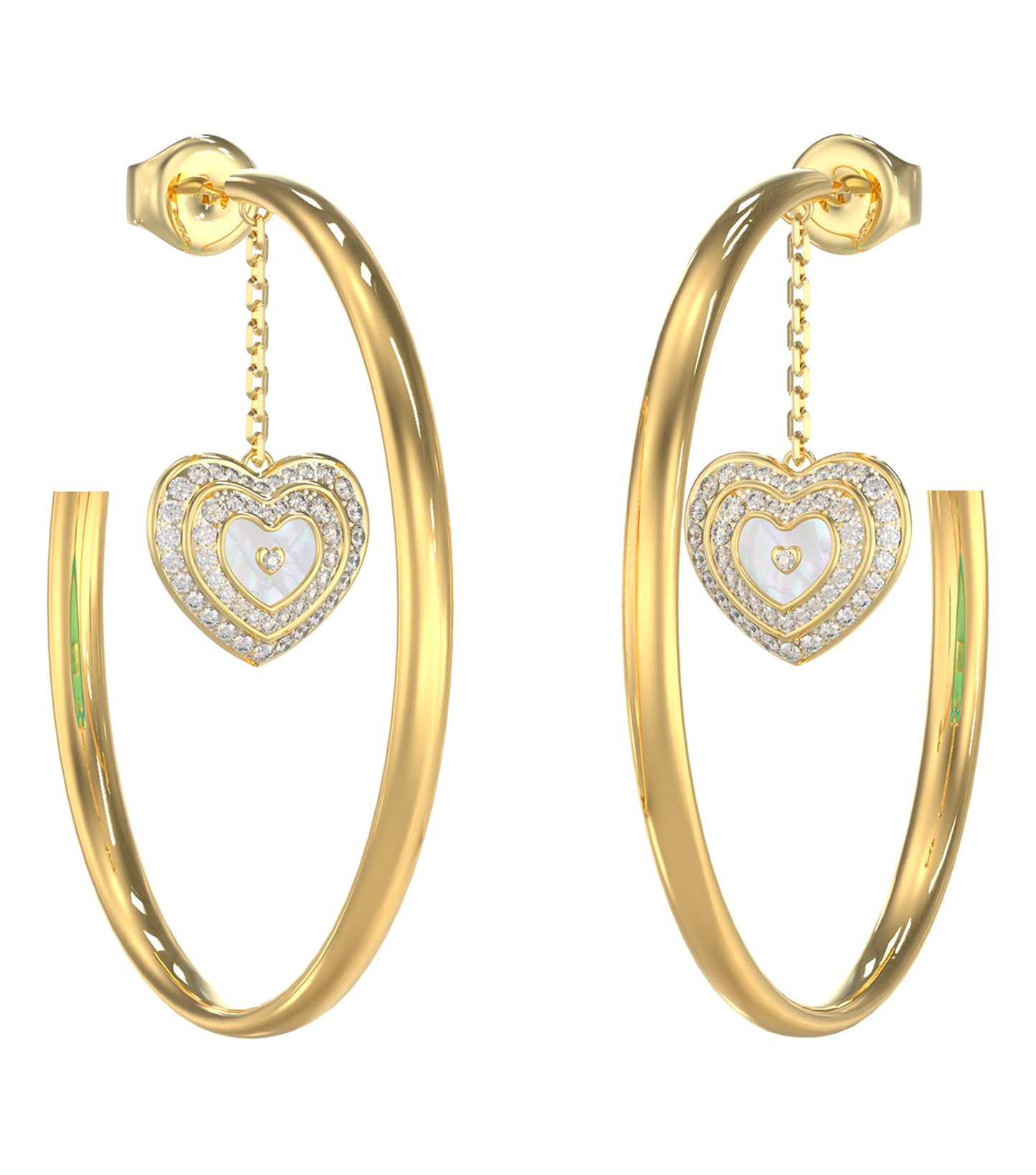 Guess Jewellery gold earrings, front view; showcases exquisite craftsmanship with a sleek, elegant design perfect for stylish ensembles.