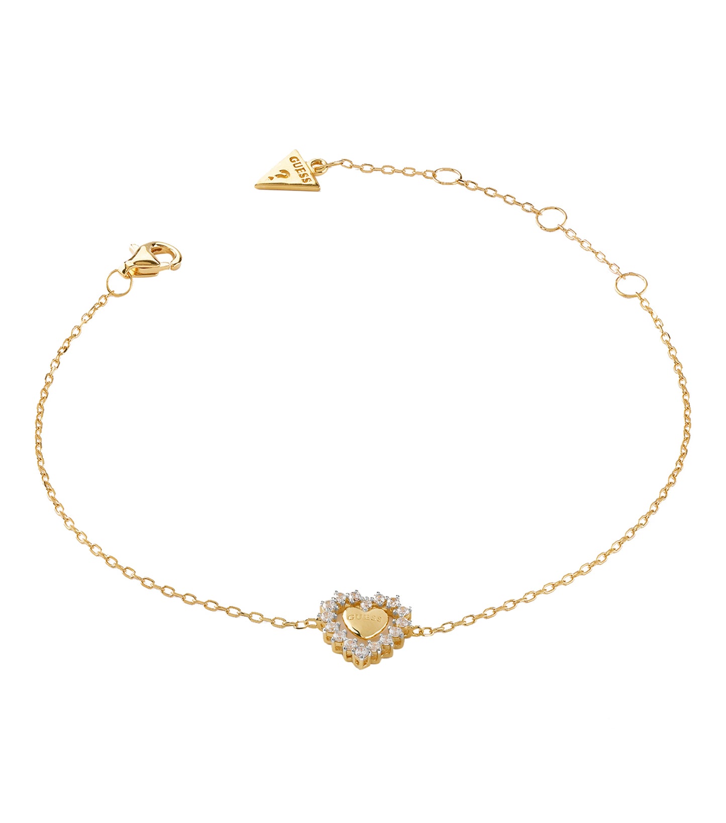 Gold Guess Jewellery bracelet shown from a diagonal angle, showcasing its intricate links and sleek finish against a white background.