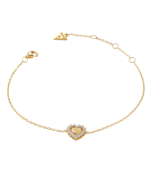 Gold Guess Jewellery bracelet shown from a diagonal angle, showcasing its intricate links and sleek finish against a white background.