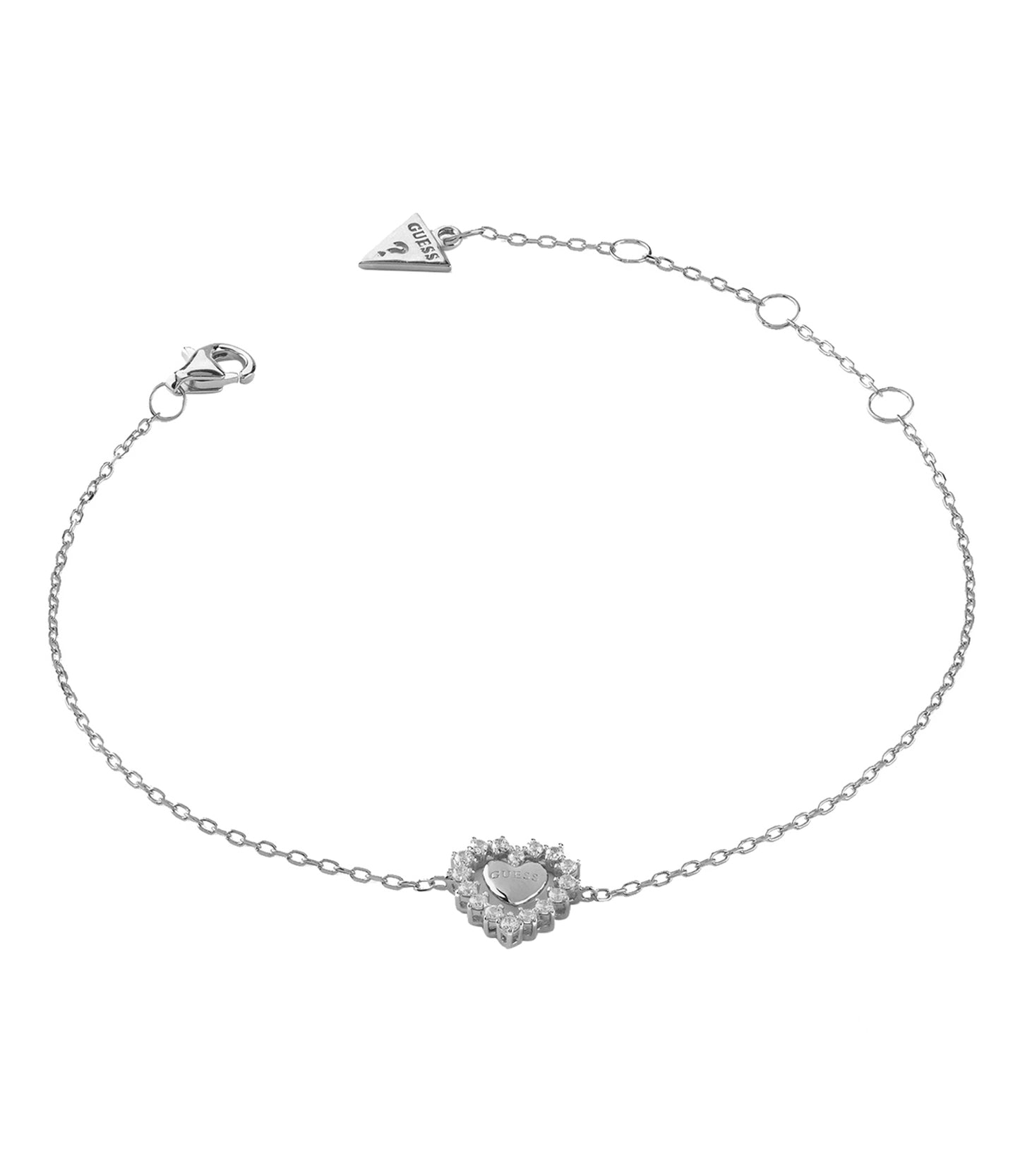 GUESS Jewellery elegant silver bracelet, top angle, showcasing intricate design with sparkling accents, exuding style and luxury.