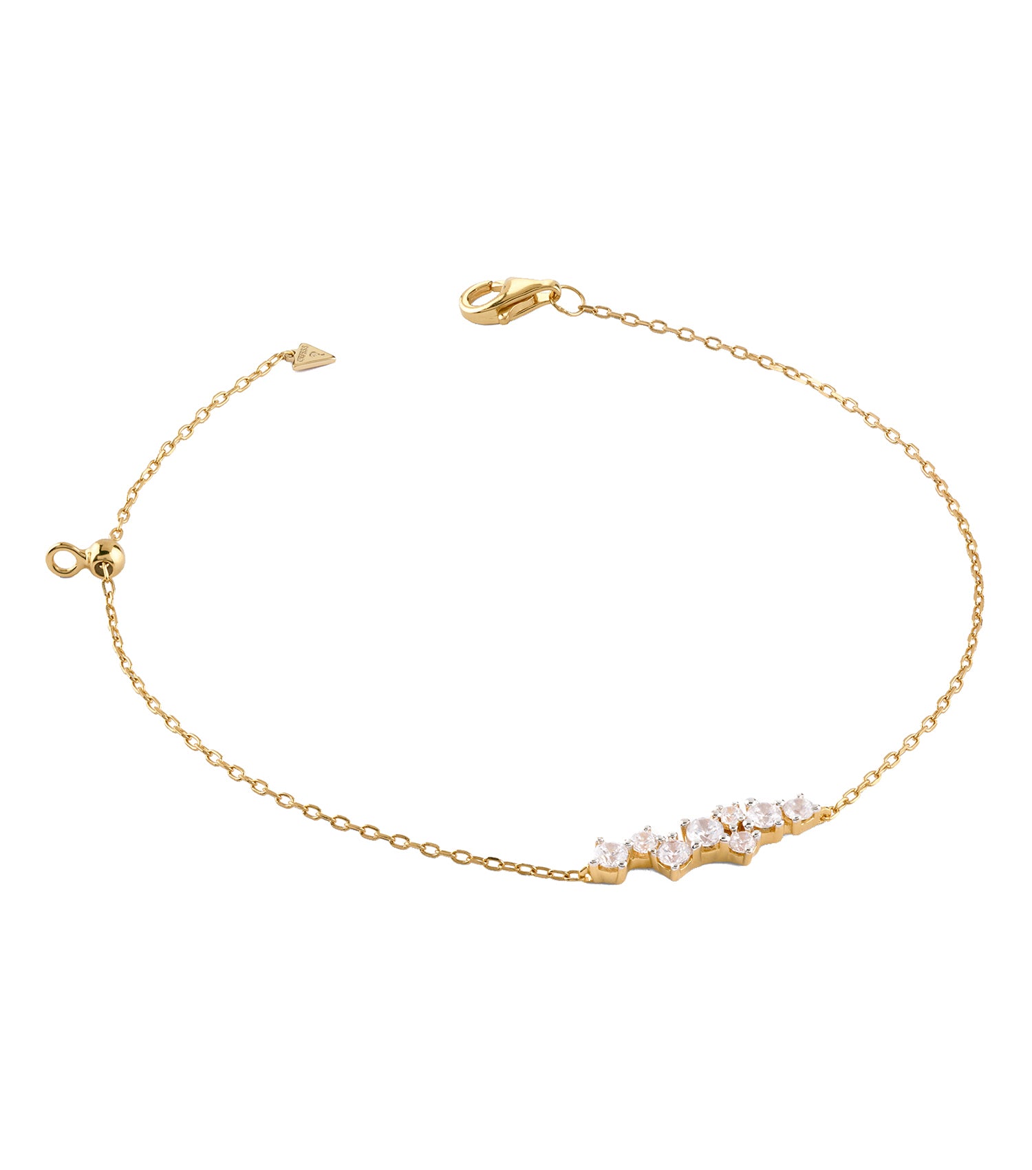 Guess Jewellery gold bracelet, elegantly displayed at a side angle, showcasing its intricate design and luxurious shine.