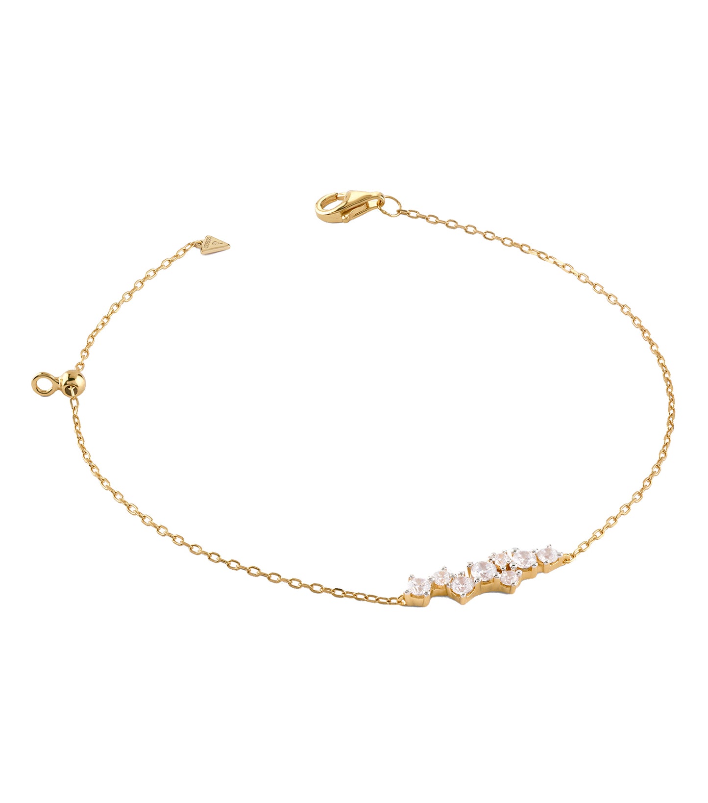 Guess Jewellery gold bracelet, elegantly displayed at a side angle, showcasing its intricate design and luxurious shine.