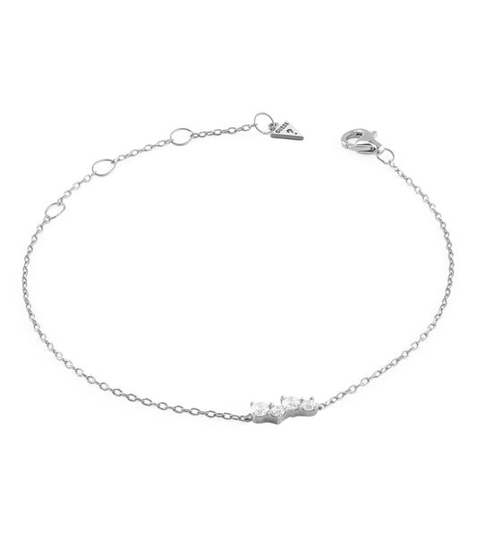 Guess Jewellery silver bracelet elegantly displayed at a slight angle, showcasing its sleek design and intricate detailing.
