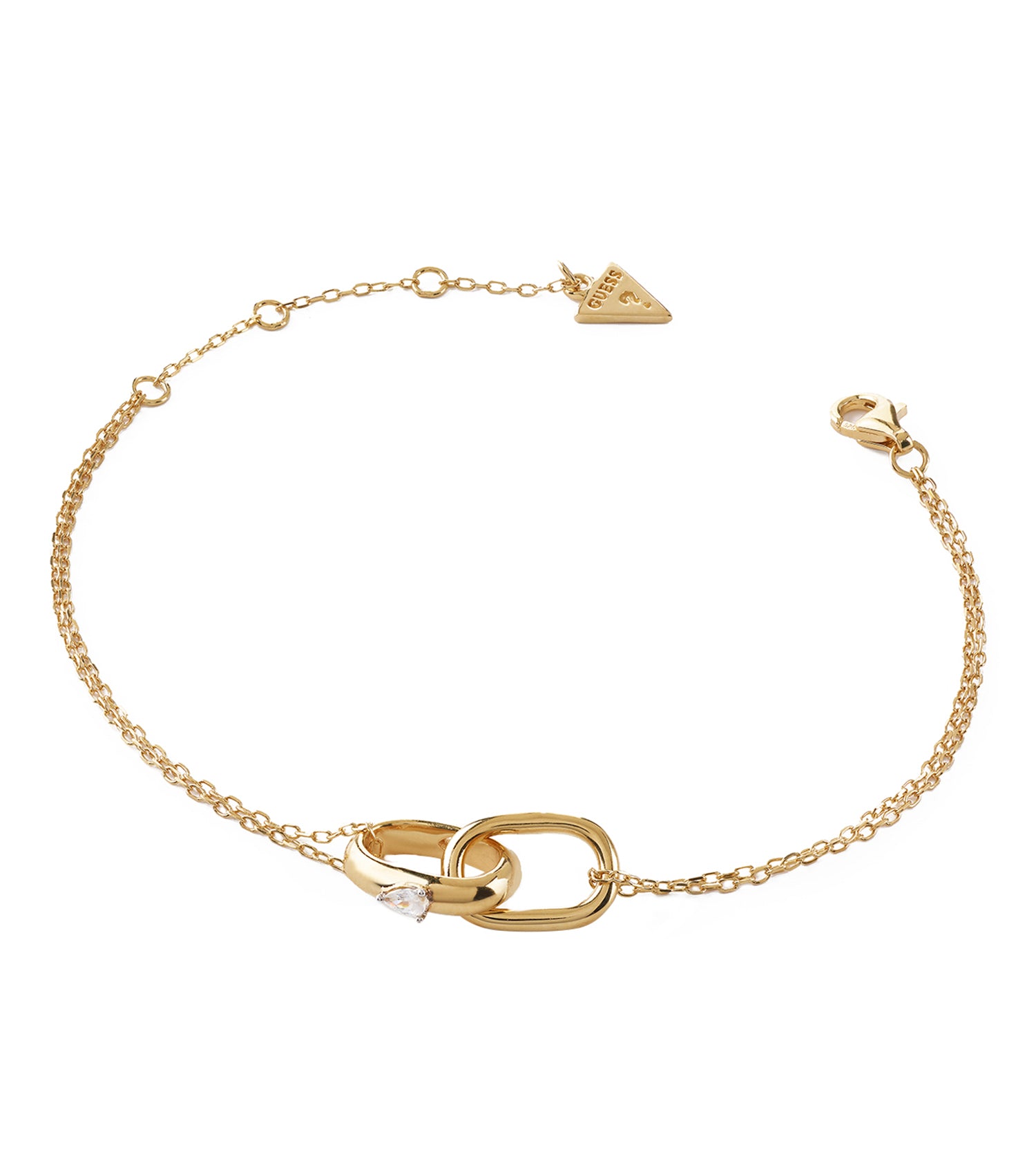 Gold Guess Jewellery bracelet showcased at a three-quarter angle, exuding elegance with its shiny metallic finish and sleek design.