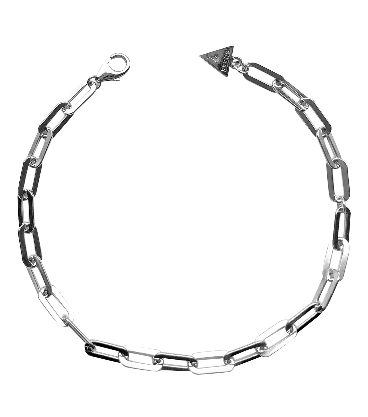 Top view of a stylish Guess Jewellery silver bracelet, showcasing elegant links with a sleek and modern design.