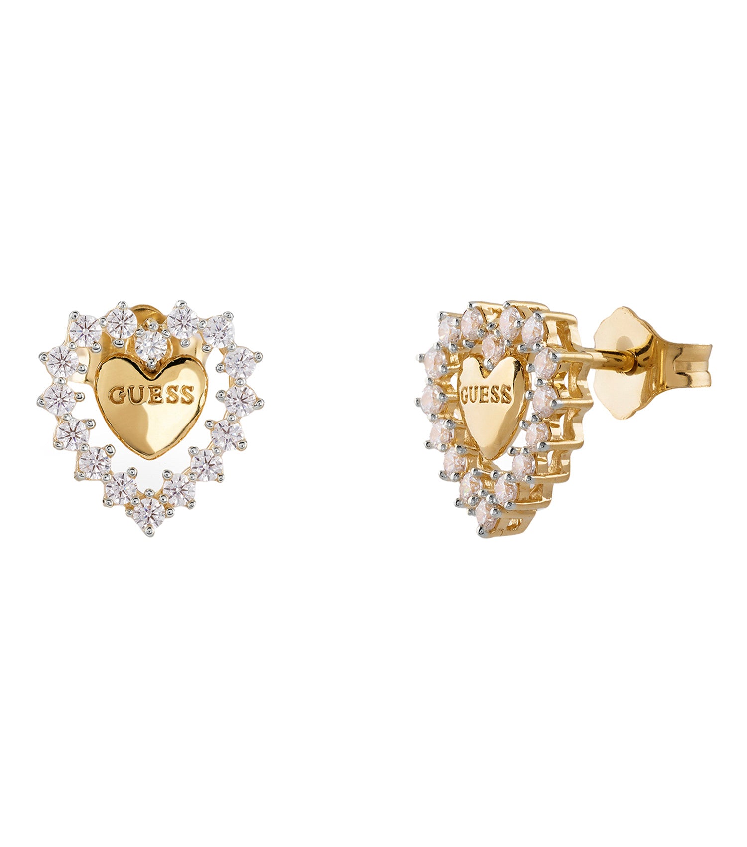 Gold-colored Guess Jewellery earrings elegantly displayed from a side angle, showcasing sleek design and stylish luster.