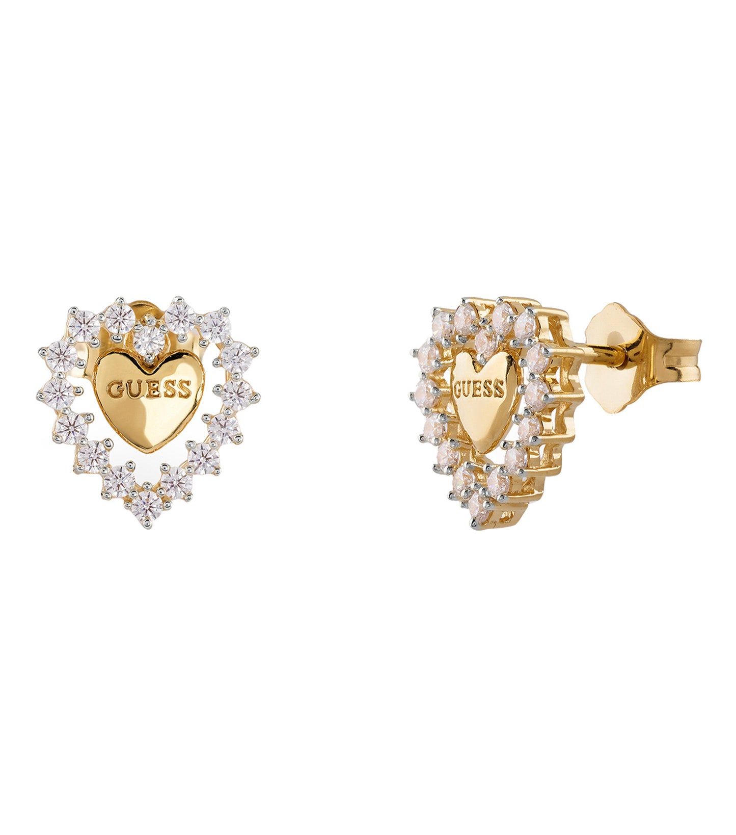 Gold-colored Guess Jewellery earrings elegantly displayed from a side angle, showcasing sleek design and stylish luster.