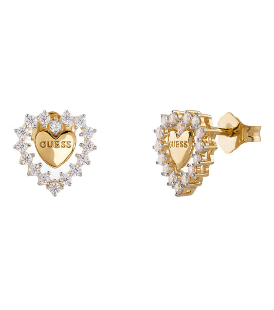 Gold-colored Guess Jewellery earrings elegantly displayed from a side angle, showcasing sleek design and stylish luster.