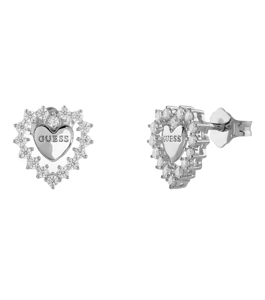 Guess Jewellery silver earrings, side angle, featuring intricate design, showcasing elegance and sophistication in fine fashion accessories.