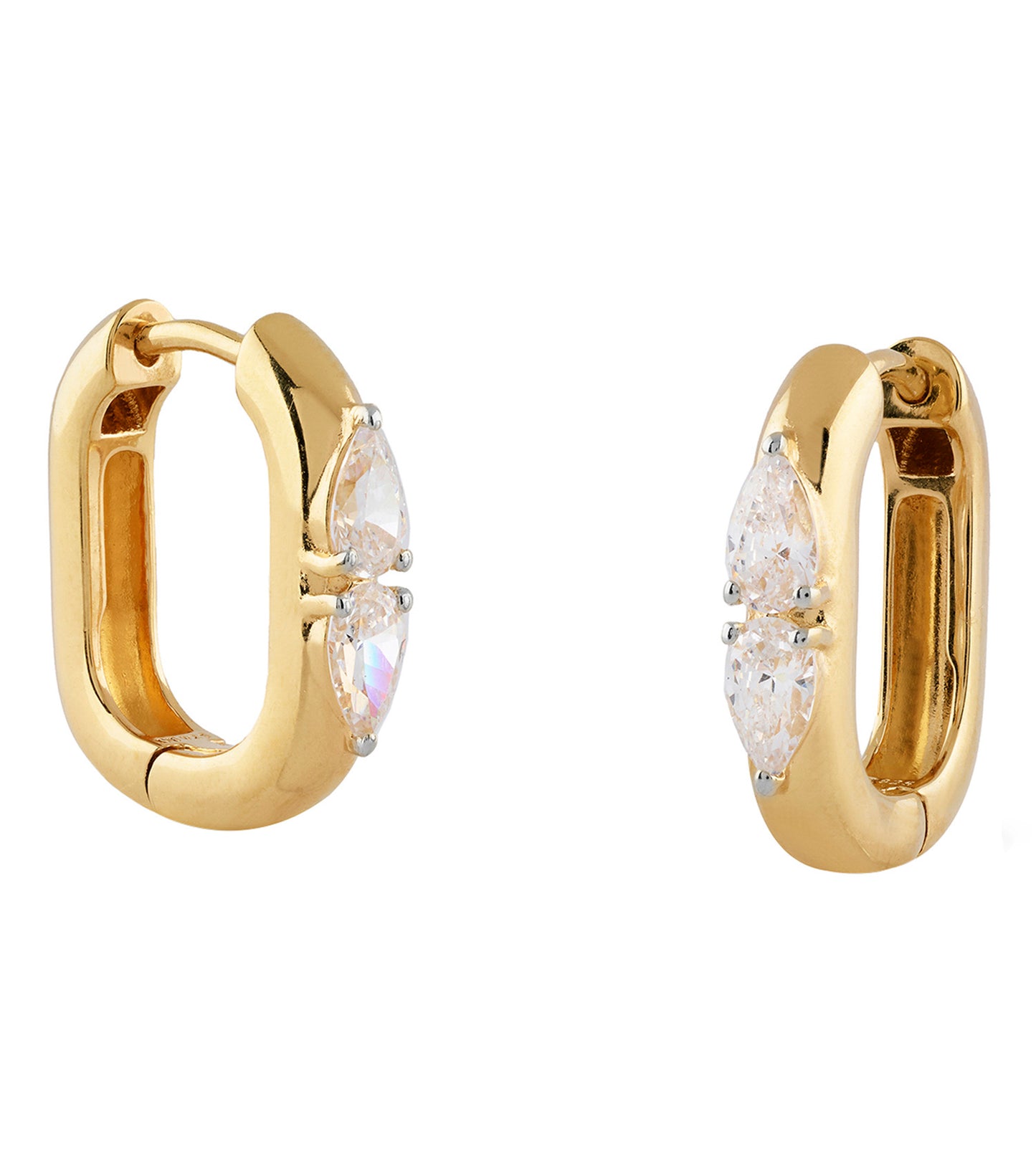 Gold-colored Guess Jewellery earrings, close-up front angle view, showcasing intricate design and elegant craftsmanship.