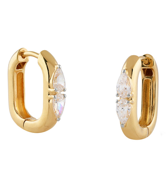 Gold-colored Guess Jewellery earrings, close-up front angle view, showcasing intricate design and elegant craftsmanship.