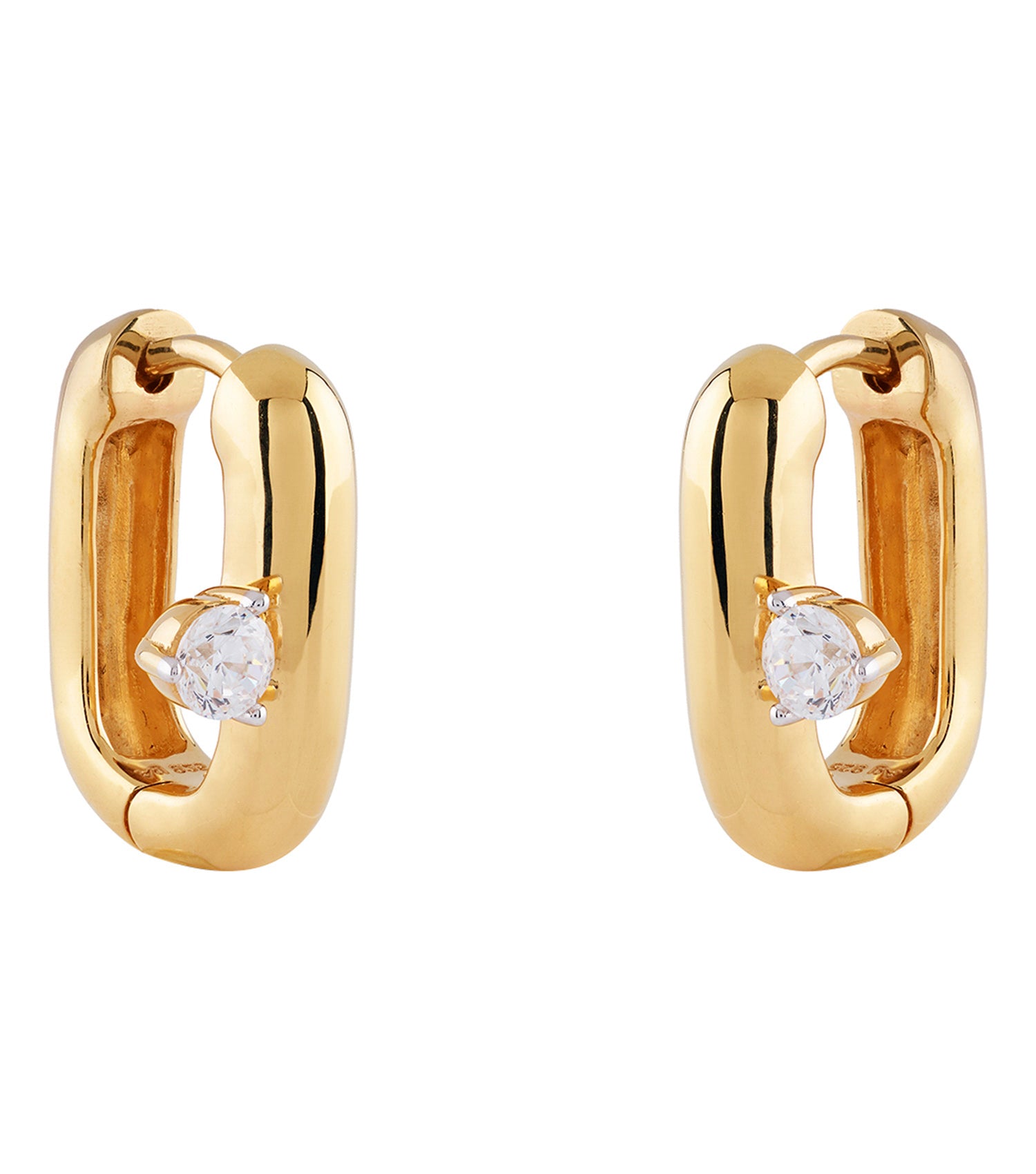 Gold-toned Guess Jewellery earrings set against a white background, showcasing intricate details from a 45-degree angle.