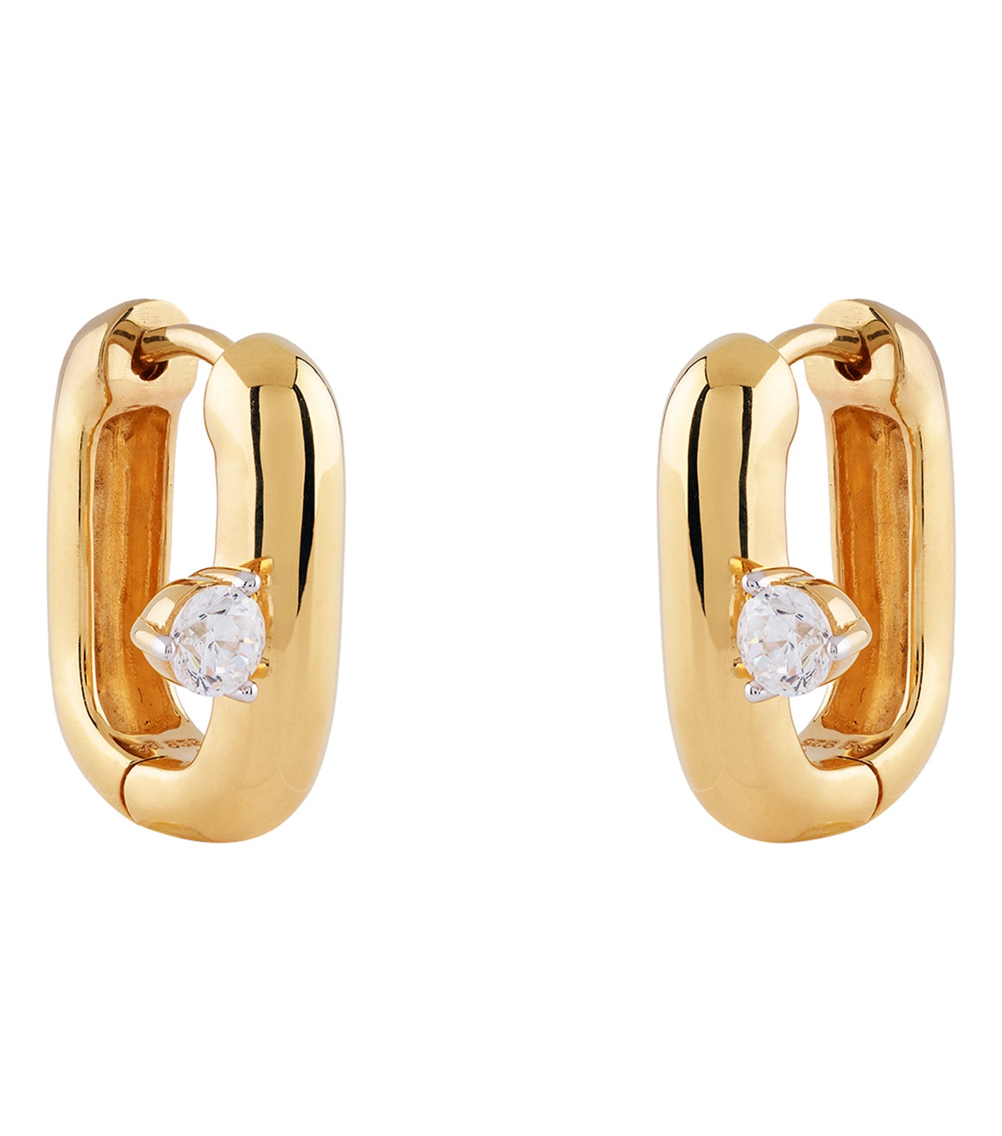 Gold-toned Guess Jewellery earrings set against a white background, showcasing intricate details from a 45-degree angle.