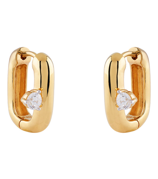 Gold-toned Guess Jewellery earrings set against a white background, showcasing intricate details from a 45-degree angle.