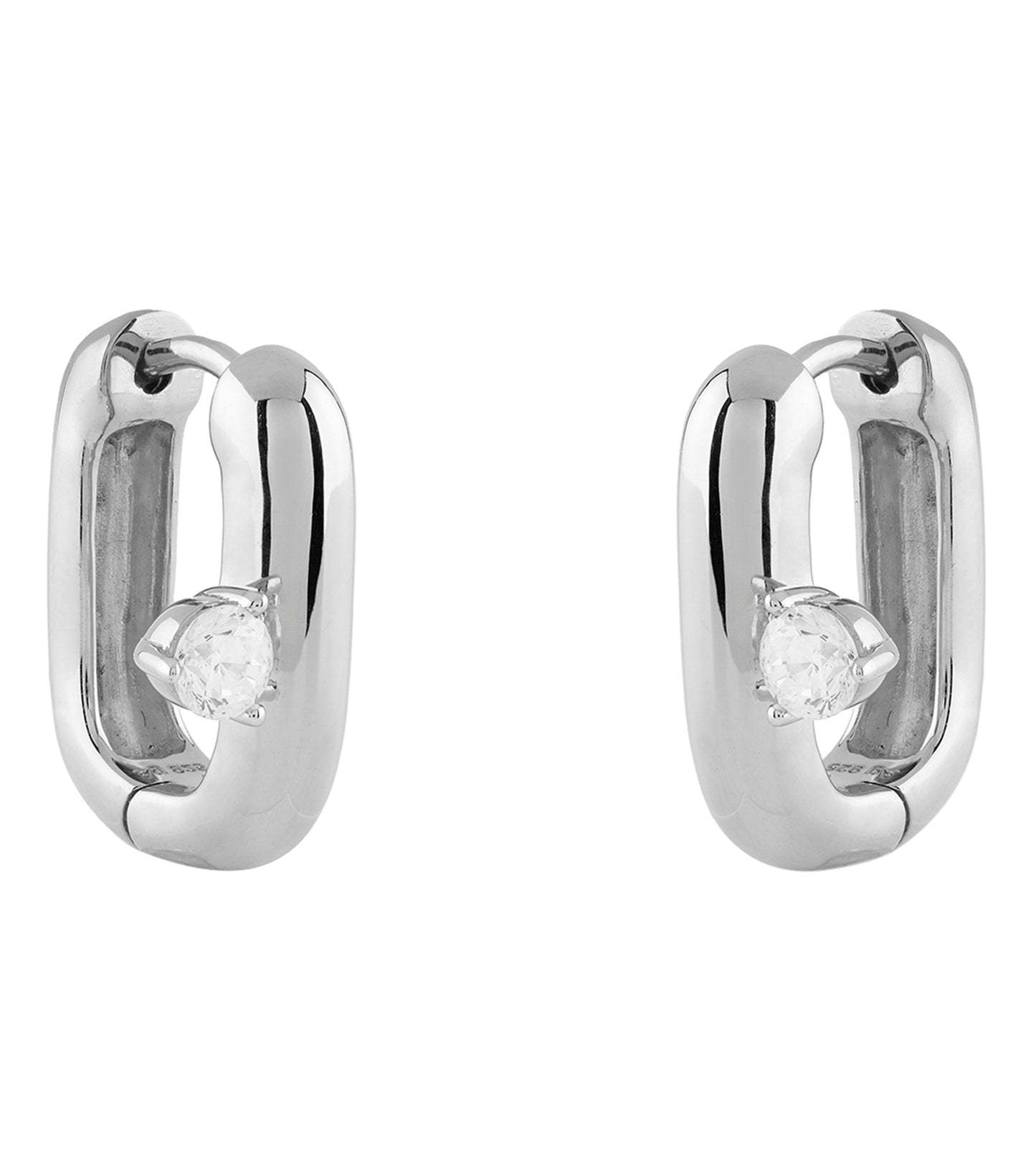 Elegant Guess Jewellery silver earrings, close-up angled view, shimmering curves and intricate design showcasing refined craftsmanship.