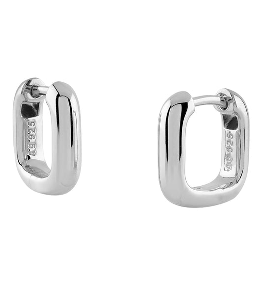 Silver Guess Jewellery earrings displaying intricate design, angled elegantly to showcase their lustrous shine, ideal for chic styling.