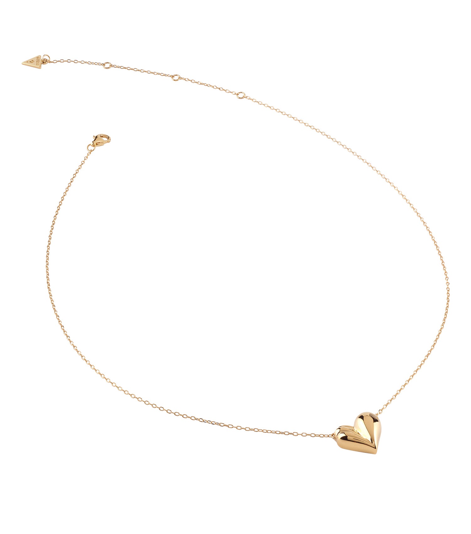 Gold Guess Jewellery necklace with elegant pendant, captured in a front-facing angle, showcasing the lustrous gold finish and intricate design.