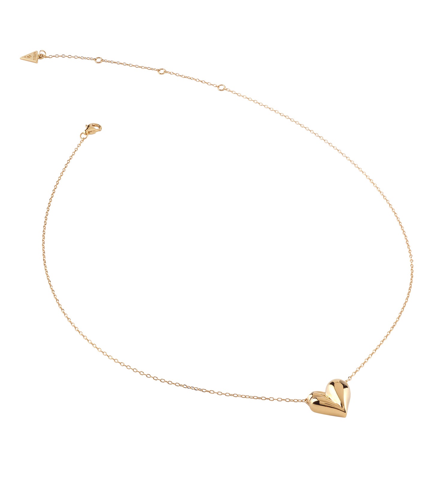 Gold Guess Jewellery necklace with elegant pendant, captured in a front-facing angle, showcasing the lustrous gold finish and intricate design.