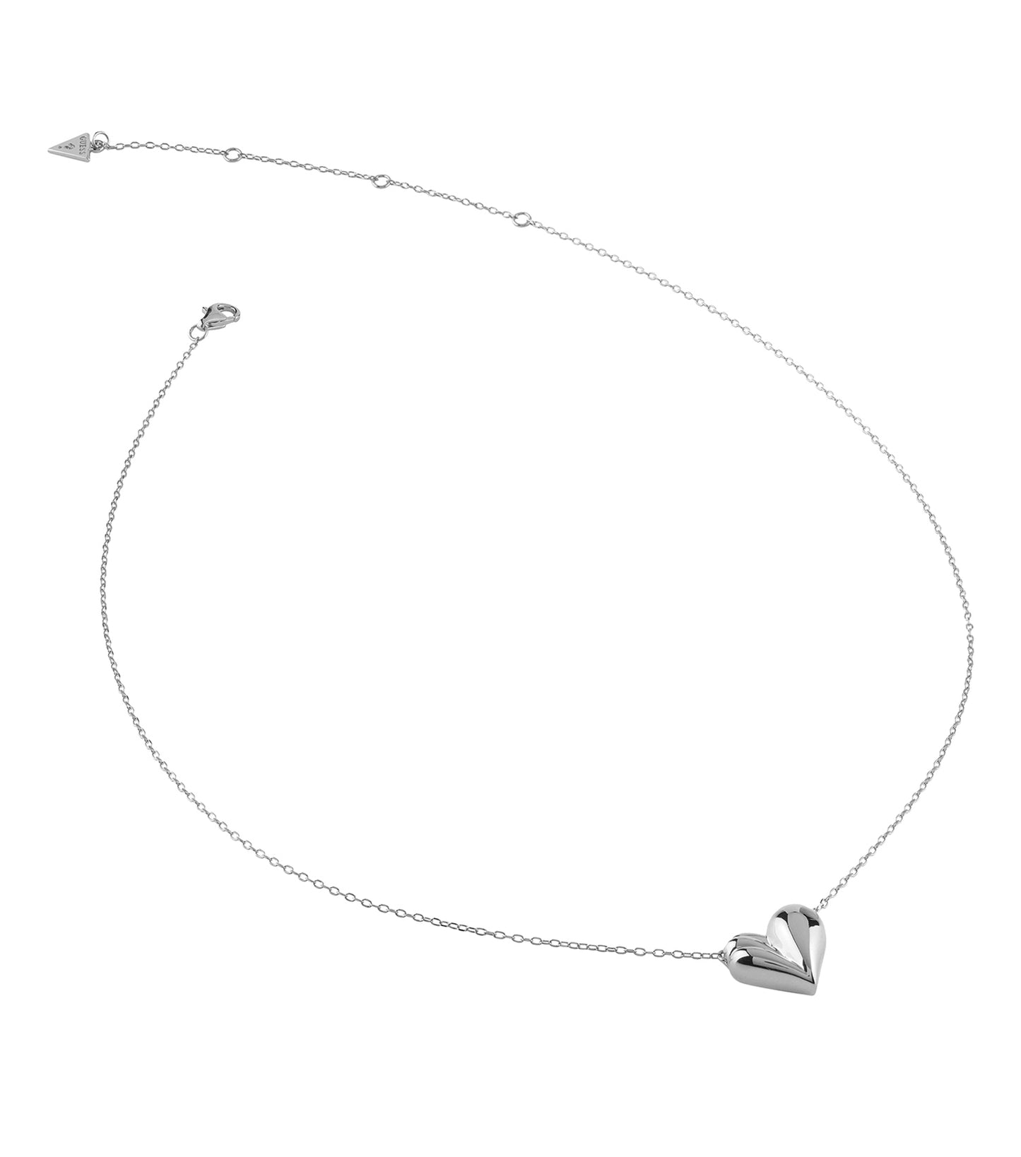 Guess Jewellery silver necklace, front-angle view, featuring elegant design and craftsmanship, emphasizing its chic, metallic finish.