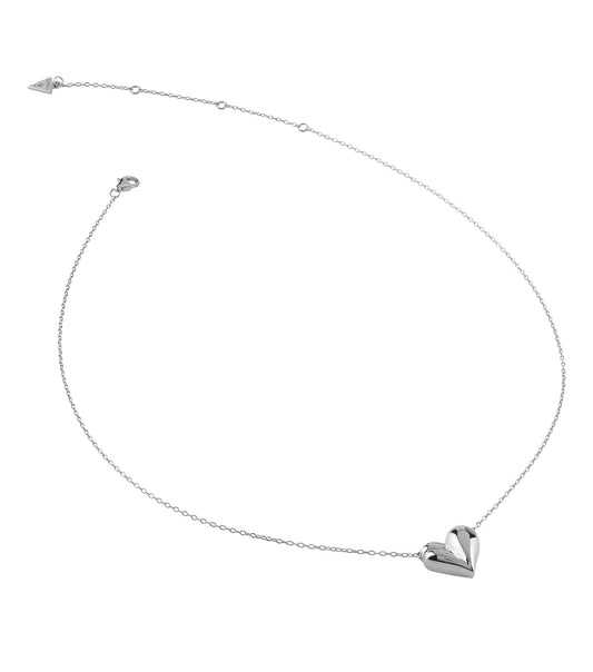 Guess Jewellery silver necklace, front-angle view, featuring elegant design and craftsmanship, emphasizing its chic, metallic finish.