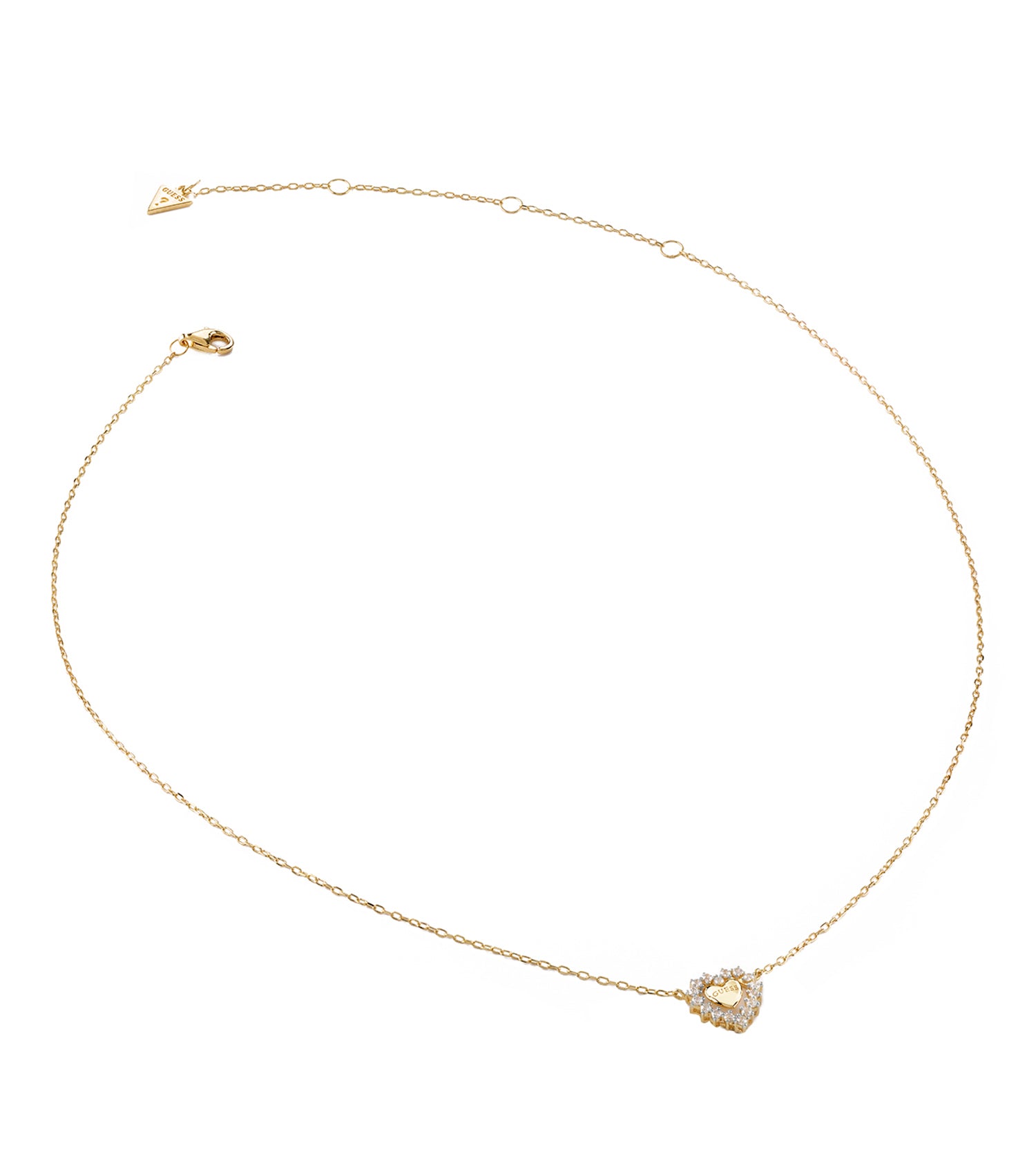 Stunning gold-colored Guess Jewellery necklace, showcasing intricate design, captured at a slight left-angle.
