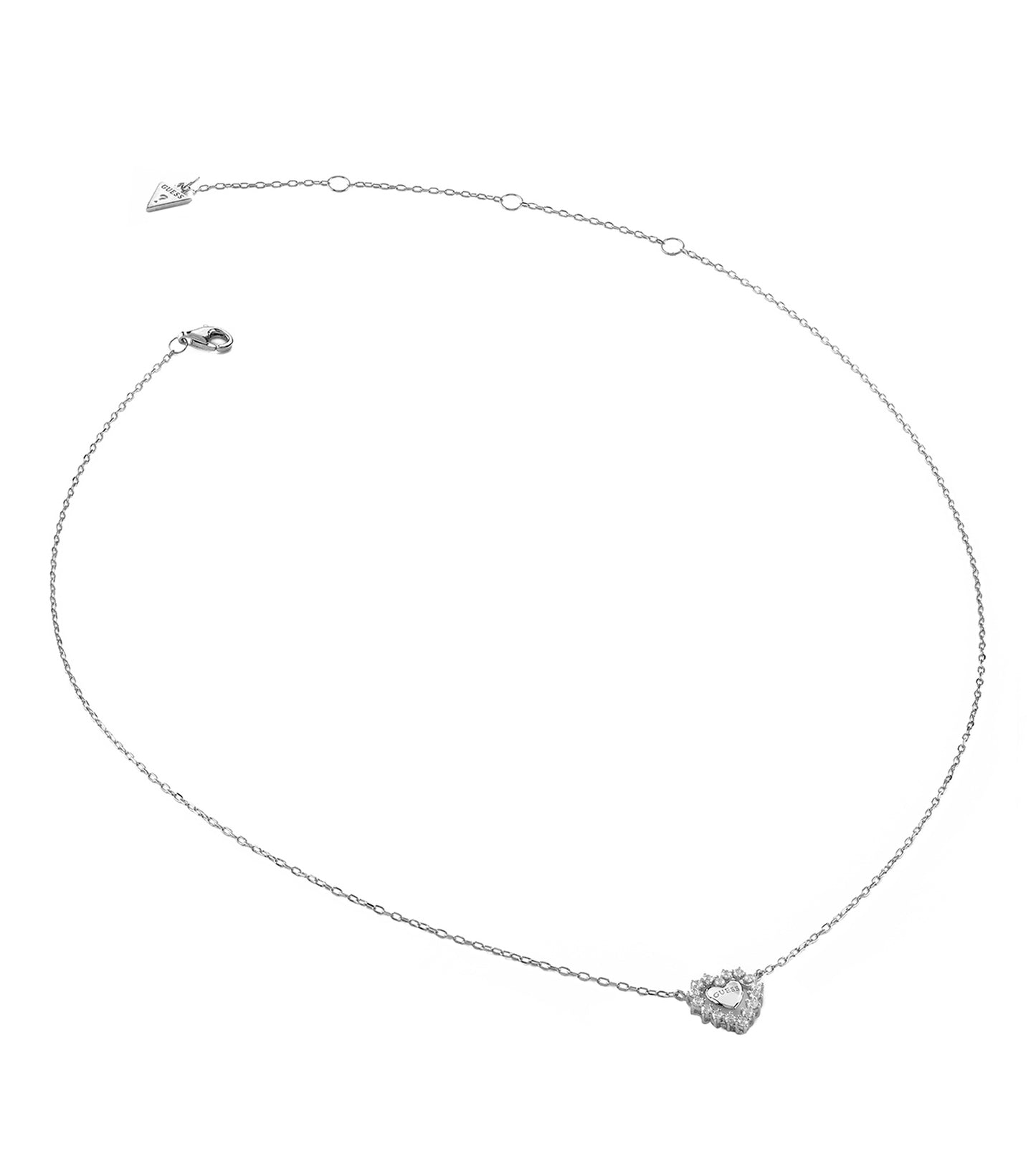 Stylish Guess Jewellery silver necklace, close-up top view; elegant design with intricate charm accents, perfect for fashion-forward styling.
