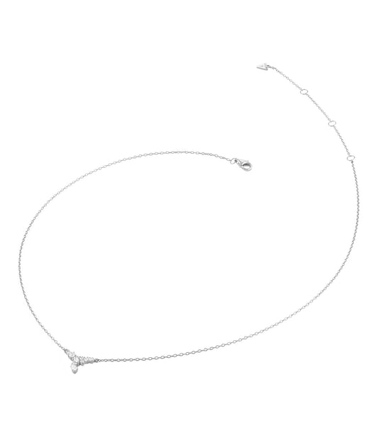 Silver color Guess Jewellery necklace with delicate chain and heart charm, front view angle displaying exquisite craftsmanship.