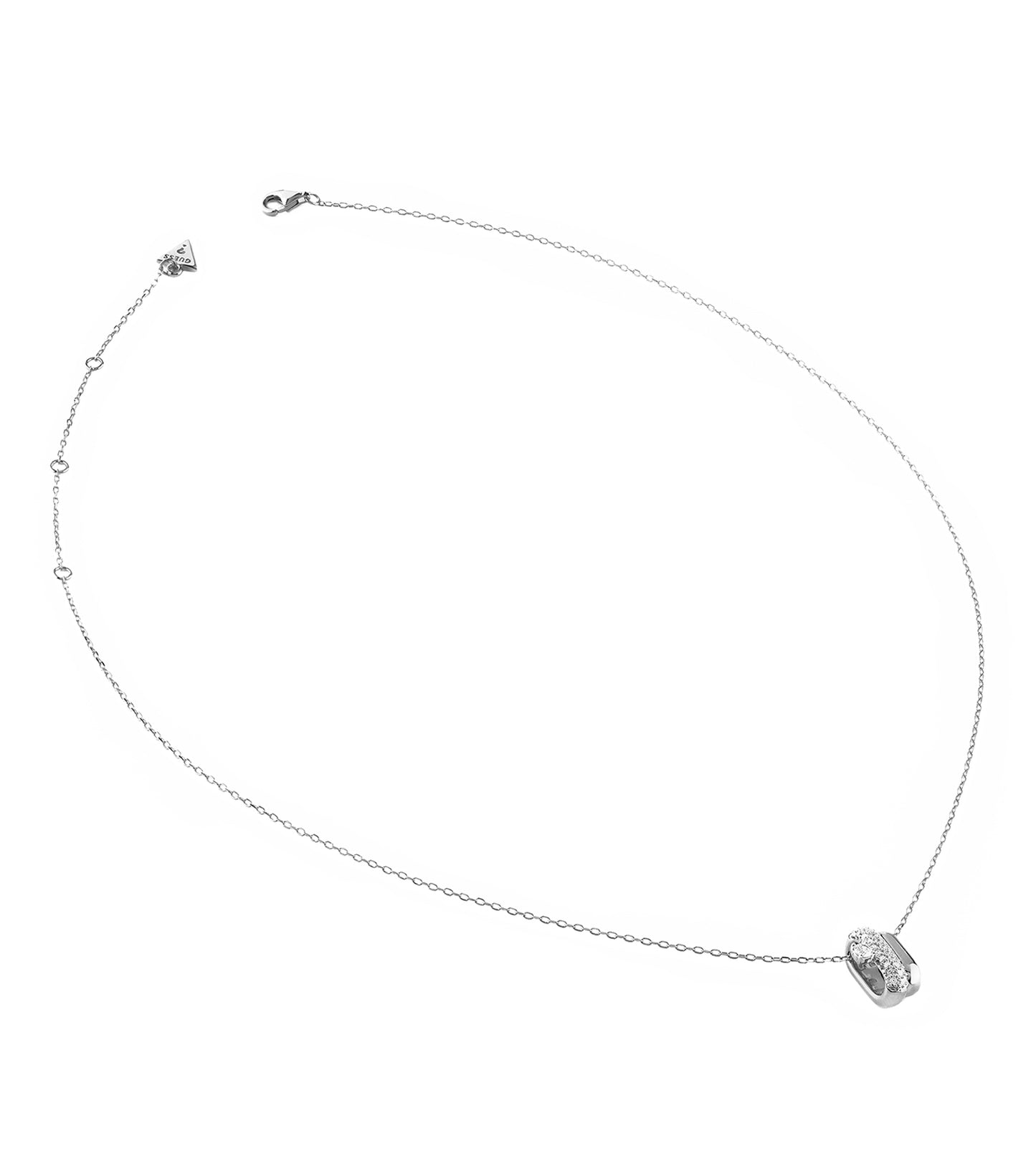 Elegant silver Guess Jewellery necklace at a frontal angle, highlighting its sleek design and shiny finish for style enthusiasts.