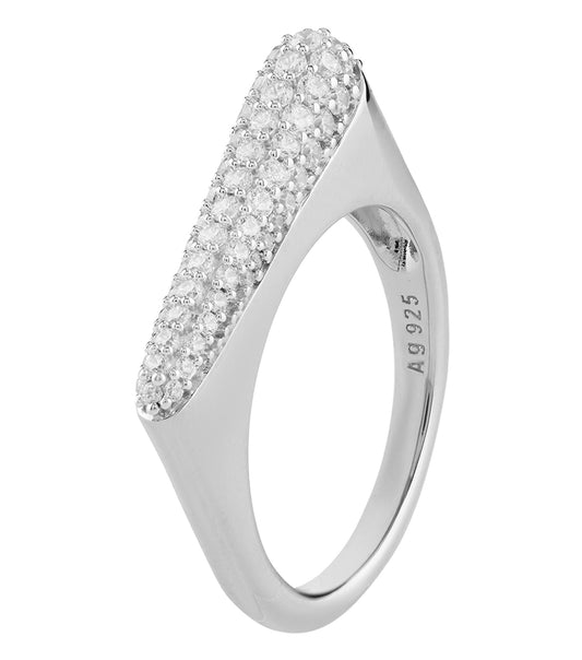 Silver-colored Guess Jewellery ring with a sleek, modern design showcased tilted slightly to the left, enhancing its elegant shine.
