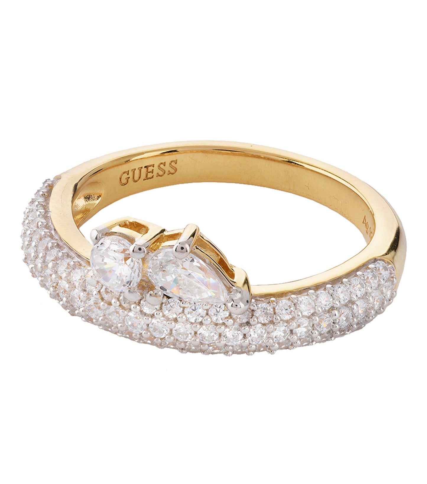 Gold ring by Guess Jewellery, side angle view showcasing intricate detailing, capturing elegance and luxurious shine.