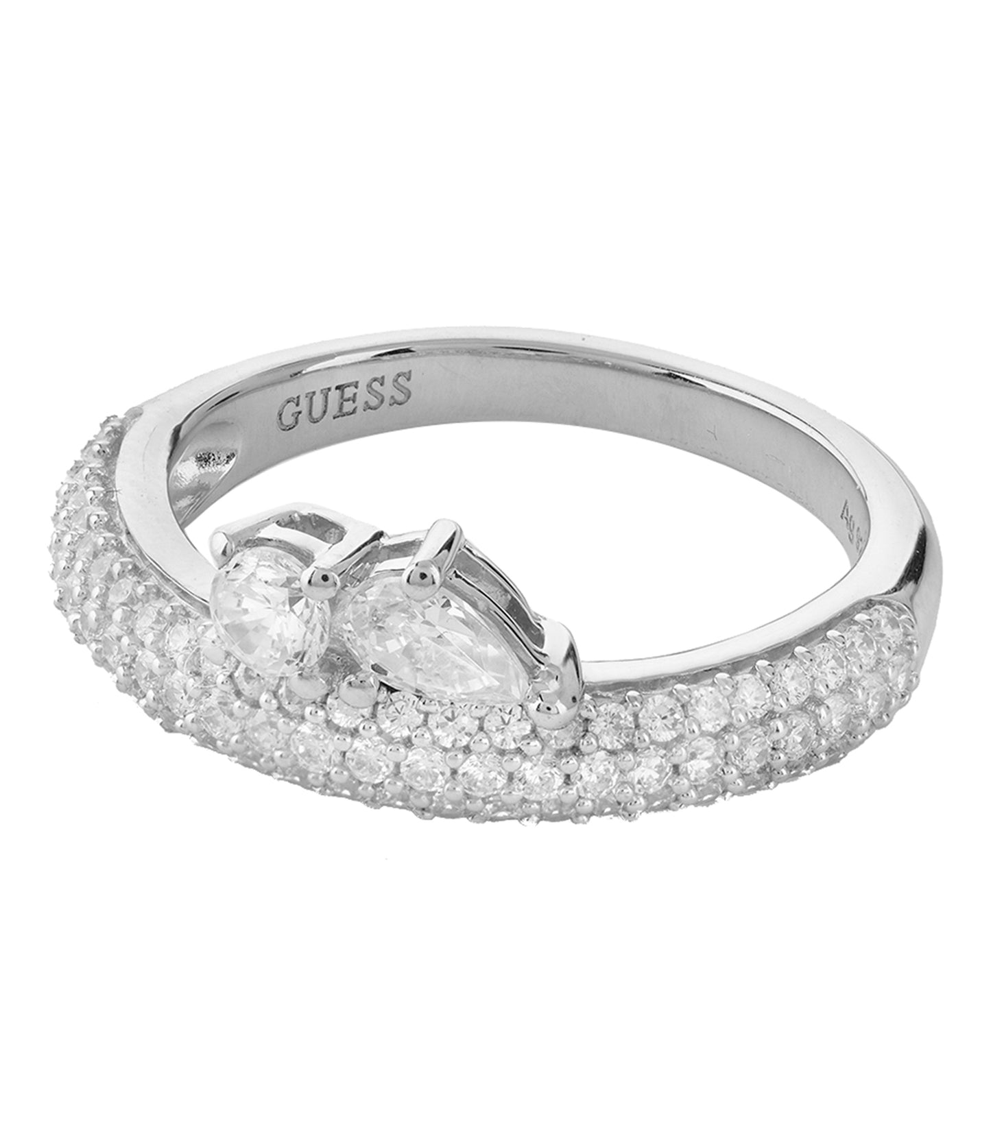 Enchanting Guess Jewellery silver ring in close-up view, showcasing its polished finish and elegant rounded design.