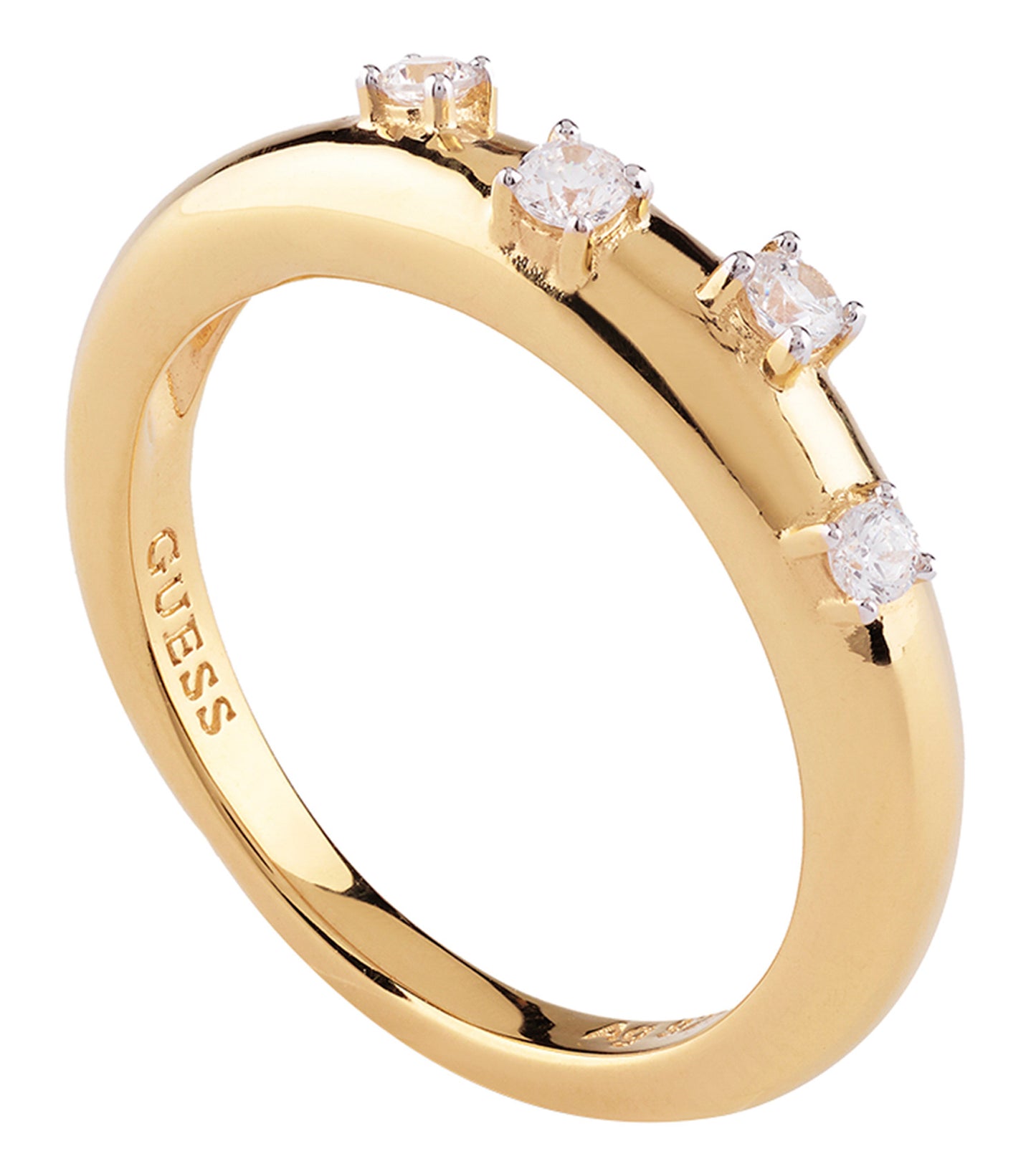 Guess Jewellery gold ring, close-up at an angle displaying its intricate design, showcasing elegant craftsmanship in a radiant hue.