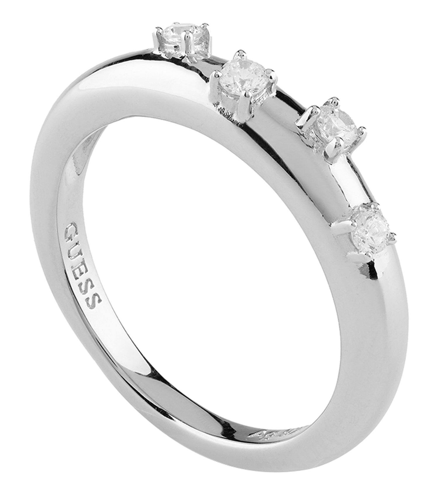 Silver Guess Jewellery ring in a sleek design, angled to showcase its lustrous shine, embodying elegance and style.