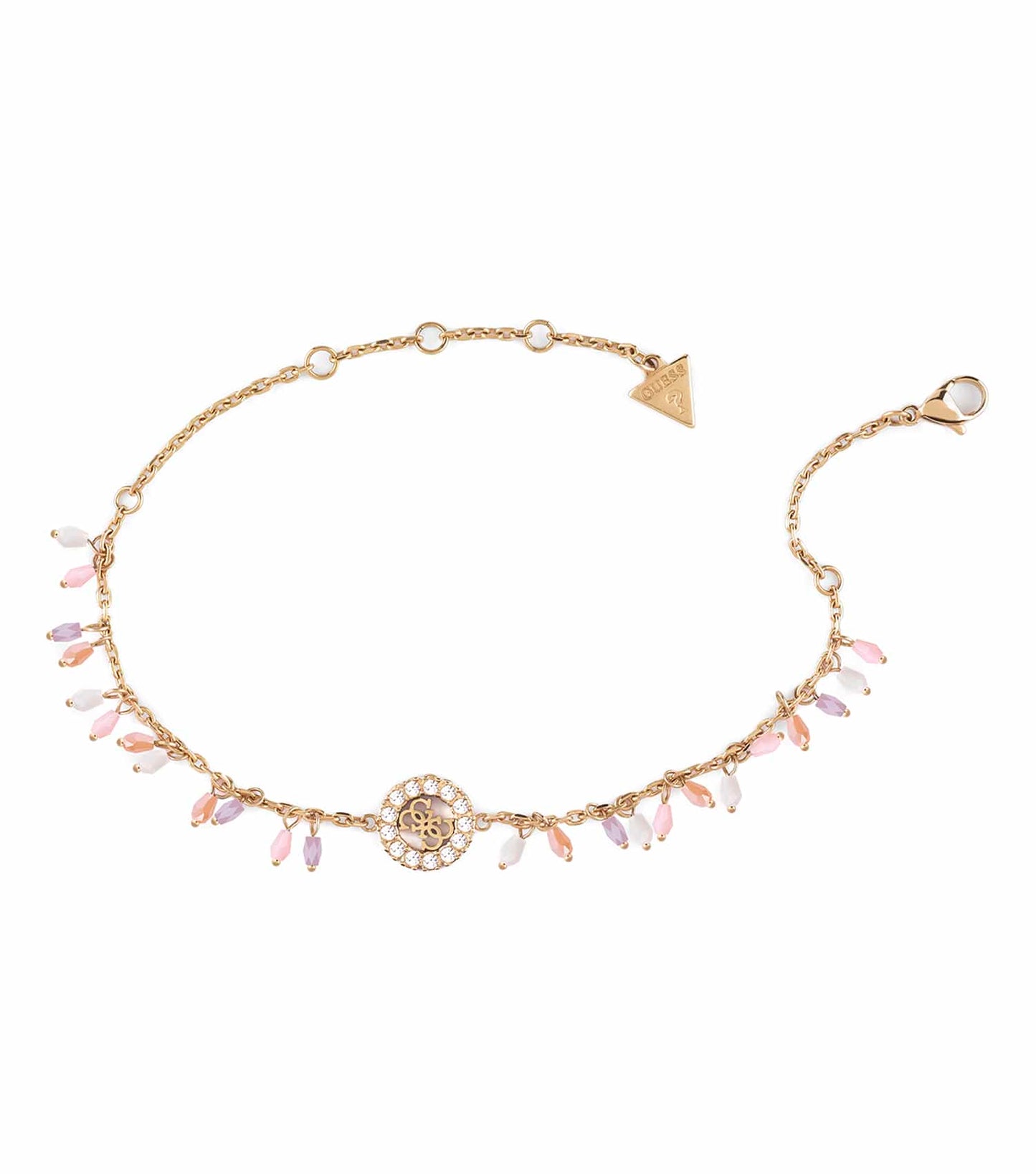 Guess Jewellery gold anklet in a one-size-fits-all design, prominently displayed from a side angle with intricate chain links.