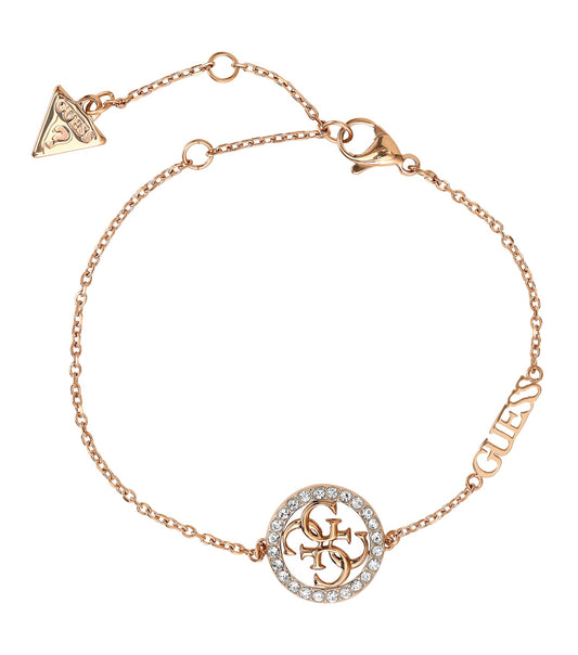 Gold Guess Jewellery bracelet displayed at a slightly inclining angle, showcasing its elegant chain link design, premium craftsmanship.