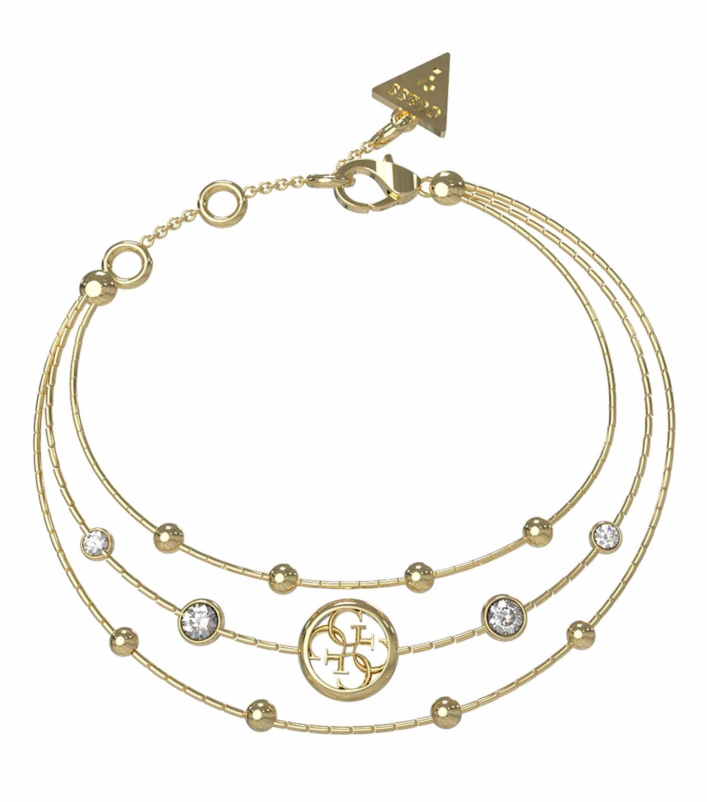Guess Jewellery gold bracelet showcasing elegant design with intertwined links, front angle view, highlighting premium craftsmanship.