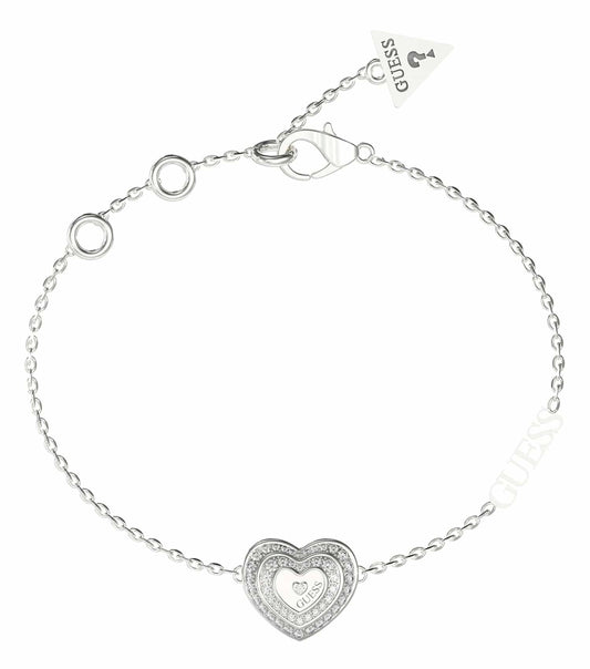  Elevate your style with Guess Jewellery's silver bracelet, featuring a sleek, modern design captured from a top-angle view.