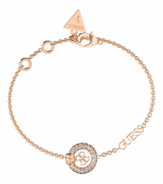 Gold-colored Guess Jewellery bracelet displayed at a slight angle, highlighting its elegant rose gold tones and intricate design.