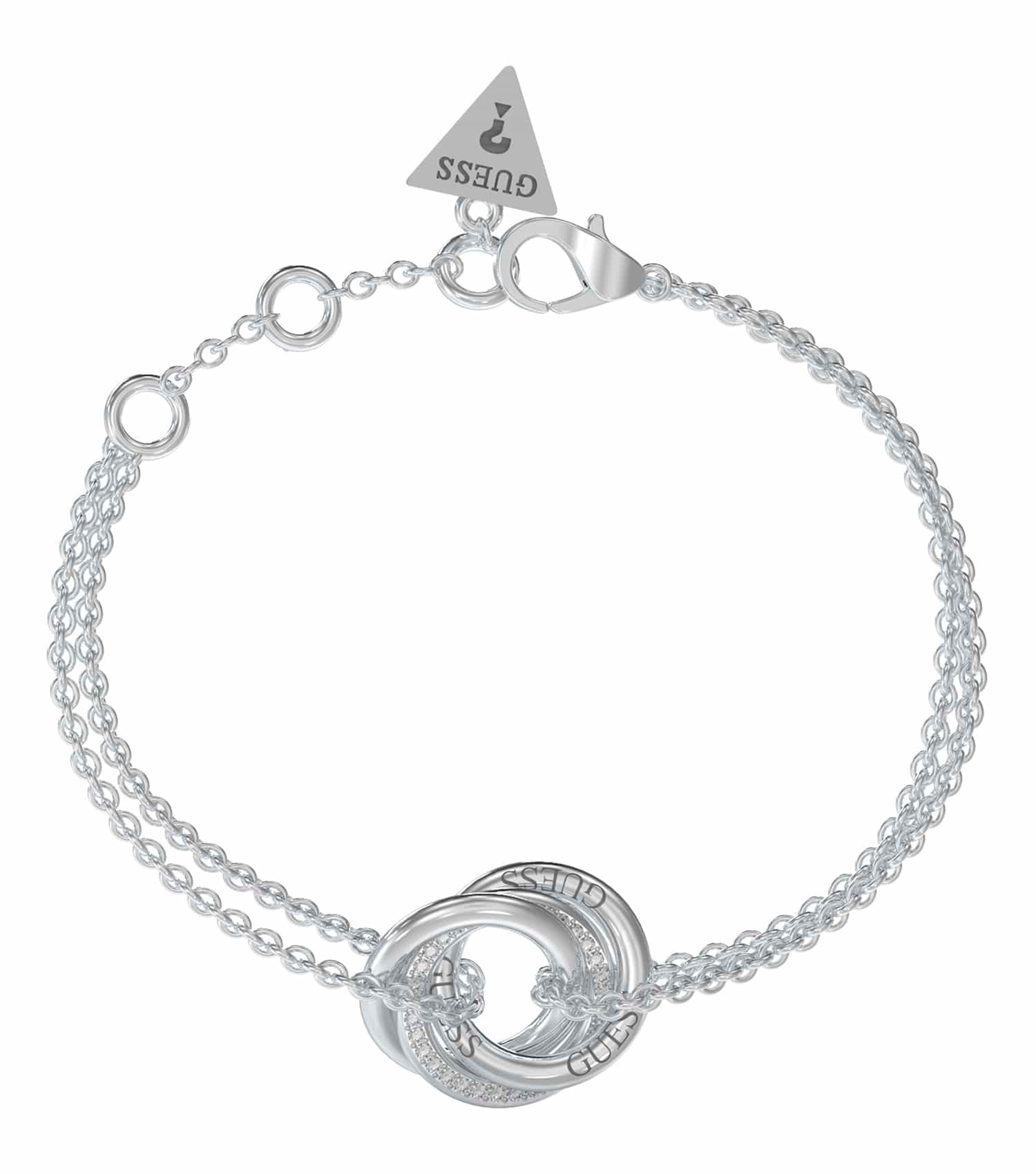 Guess Jewellery silver bracelet, elegantly displayed at a top angle, showcasing its sleek design and brand craftsmanship.