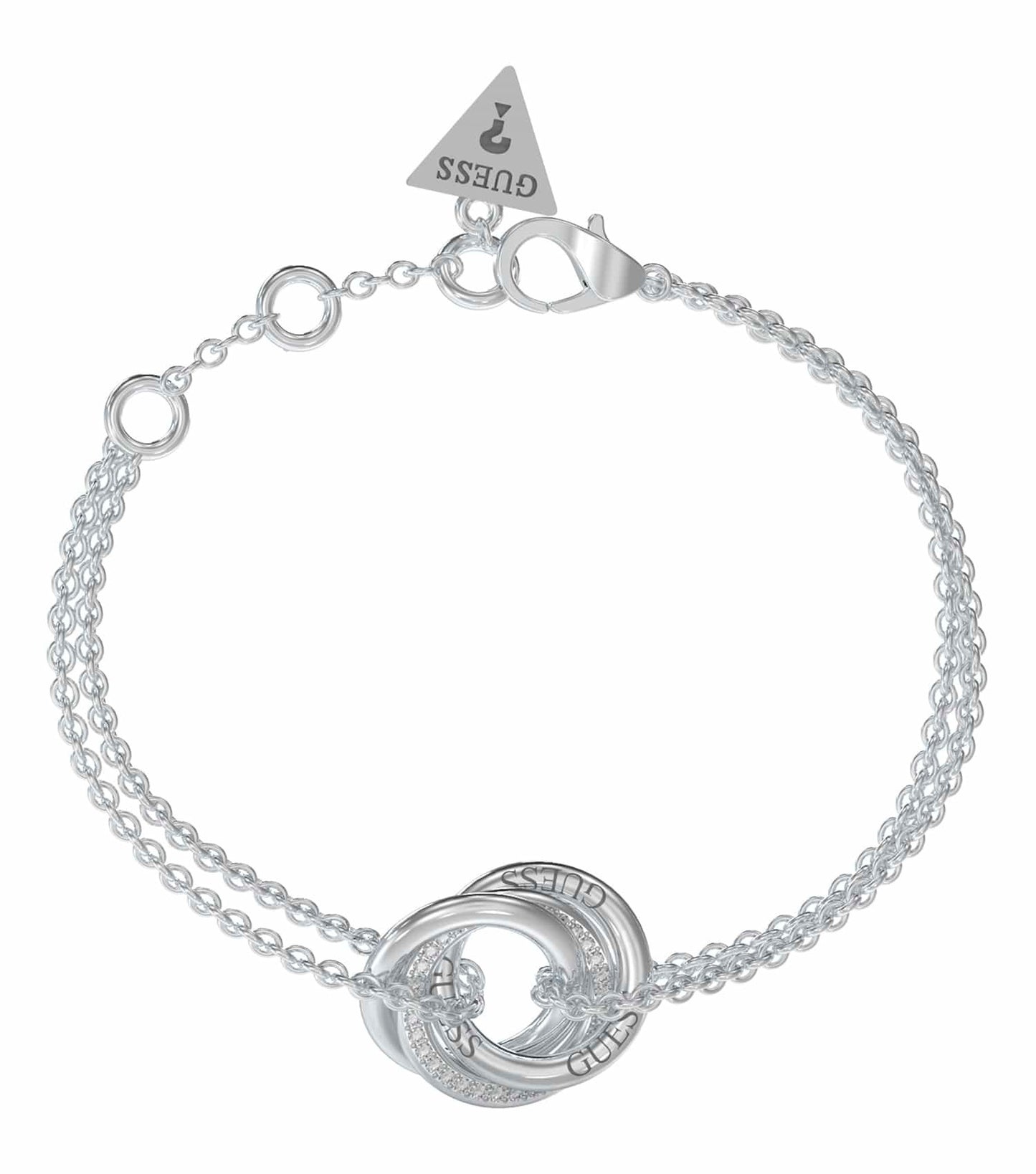 Guess Jewellery silver bracelet, elegantly displayed at a top angle, showcasing its sleek design and brand craftsmanship.