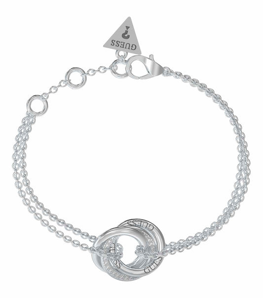 Guess Jewellery silver bracelet, elegantly displayed at a top angle, showcasing its sleek design and brand craftsmanship.