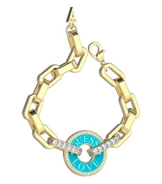 Guess Jewellery elegant gold bracelet with pearl accents, displayed at a slight angle on a minimalist white surface.
