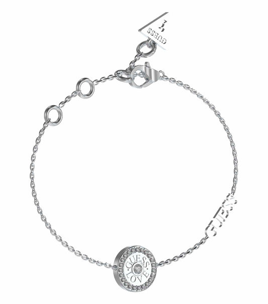 Gold-colored Guess Jewellery bracelet, showcased in a silver setting, close-up side angle, elegant design with intricate detailing.
