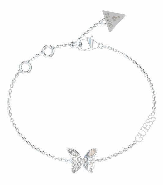 Elegant Guess Jewellery silver bracelet, featuring sleek design and bold logo, captured from an angled perspective.