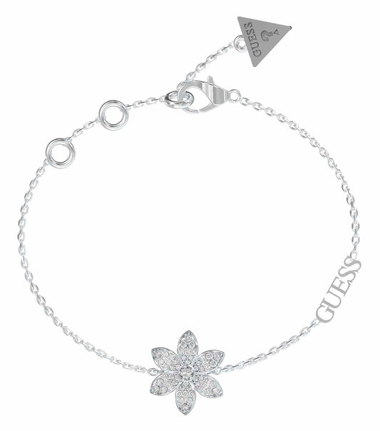 Guess Jewellery silver bracelet with sleek design, captured from a front-angled view, showcasing its elegant craftsmanship.