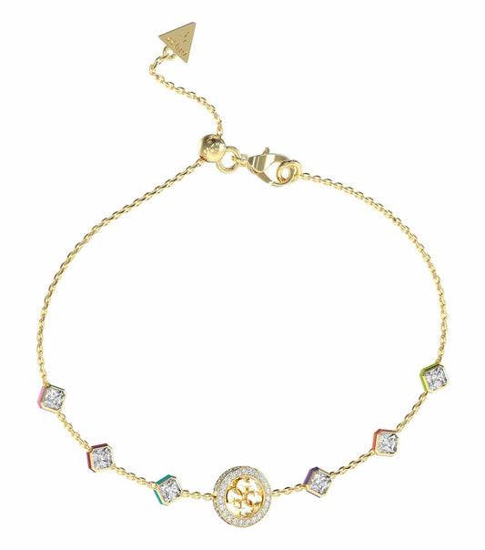 Gold-colored Guess Jewellery bracelet with a sleek, modern design showcased at a creative angle, highlighting elegant craftsmanship.