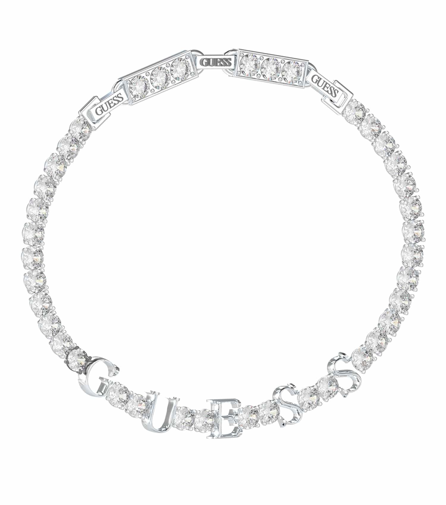 Silver bracelet from Guess Jewellery, elegantly curved design, showcasing a lustrous sheen, close-up angle, perfect for chic styling.