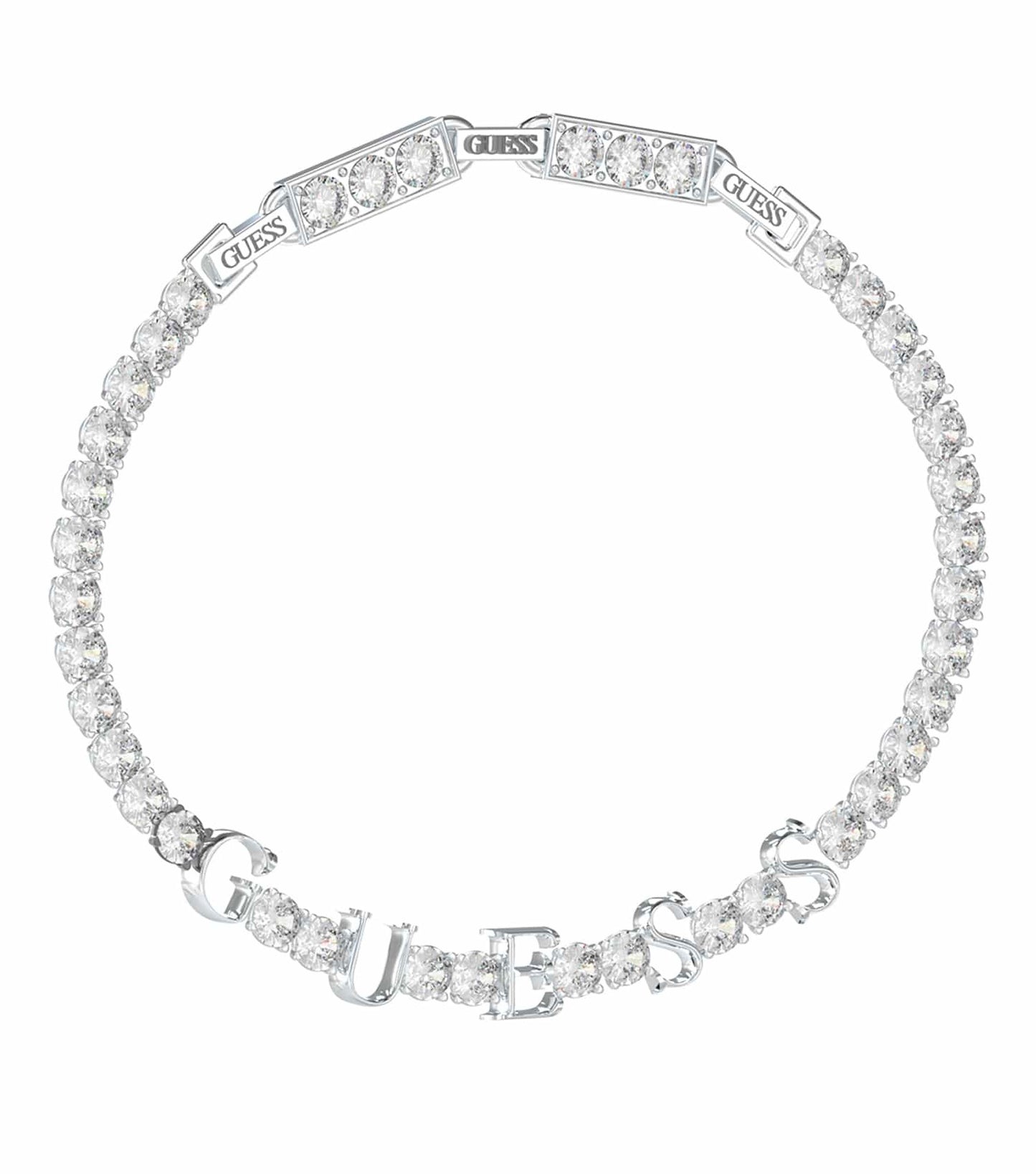 Silver bracelet from Guess Jewellery, elegantly curved design, showcasing a lustrous sheen, close-up angle, perfect for chic styling.