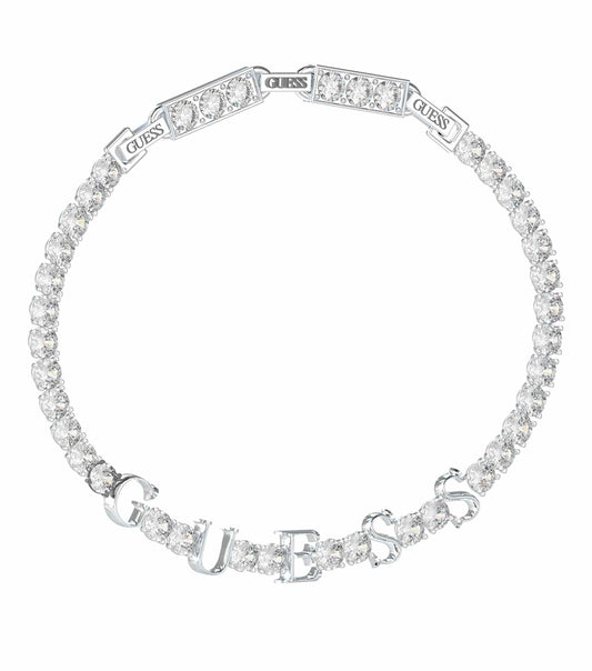 Silver bracelet from Guess Jewellery, elegantly curved design, showcasing a lustrous sheen, close-up angle, perfect for chic styling.